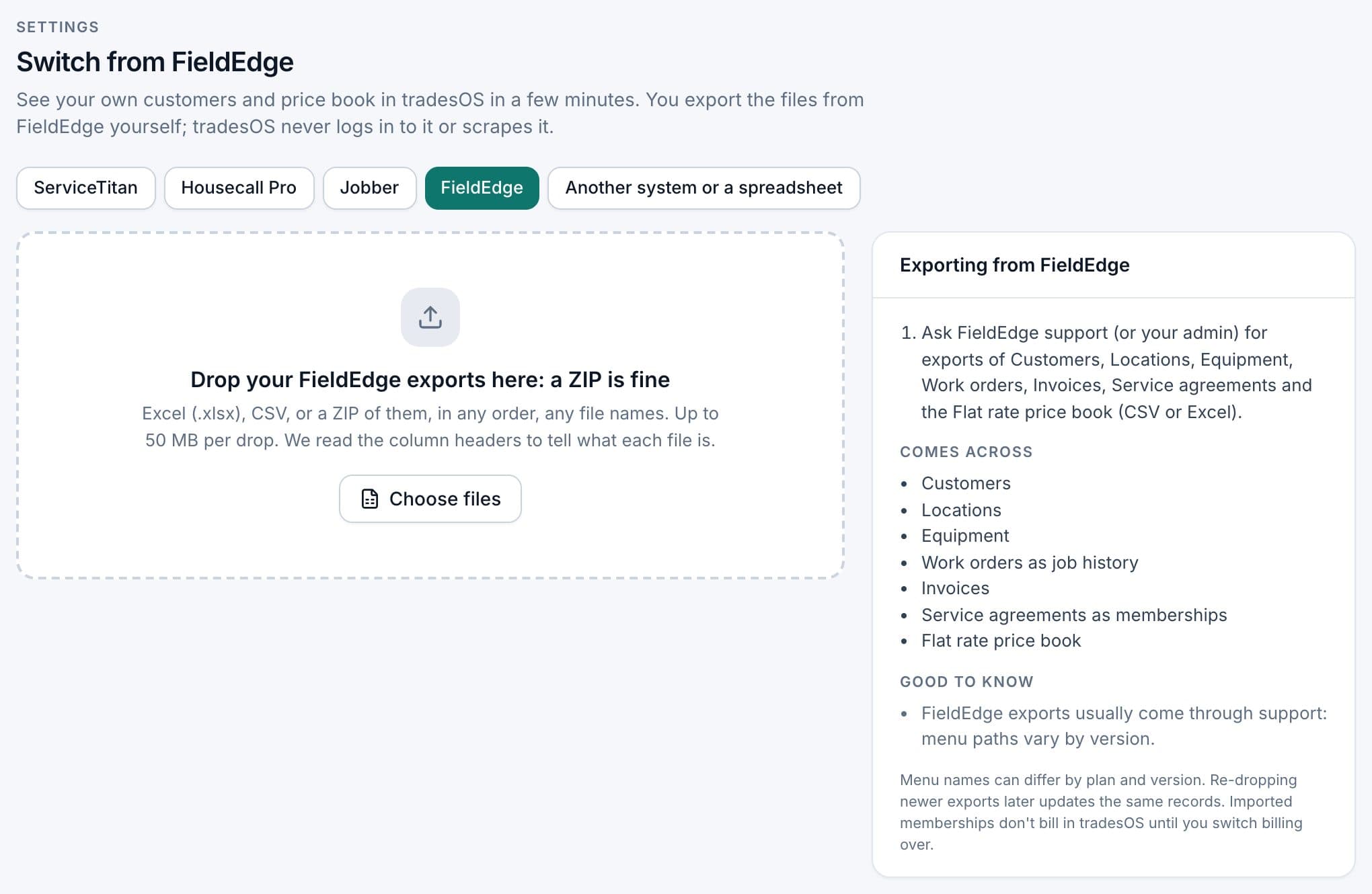 TradesWork importer with FieldEdge selected