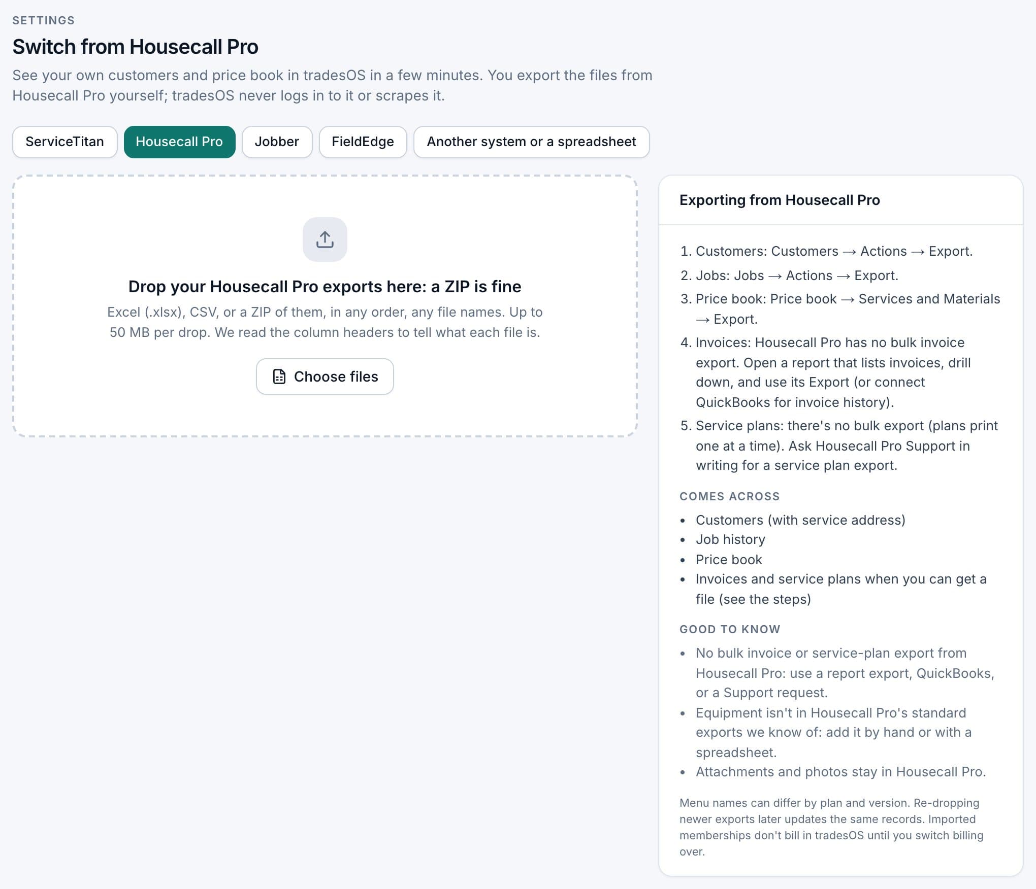 TradesWork importer with Housecall Pro selected