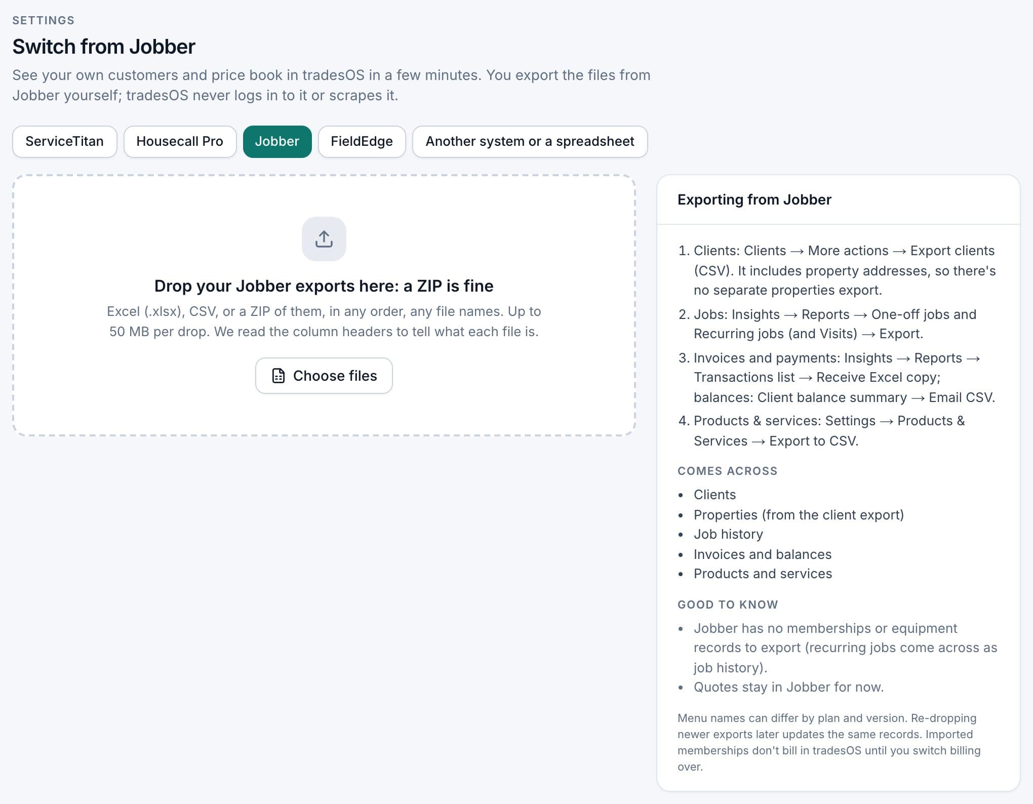 TradesWork importer with Jobber selected