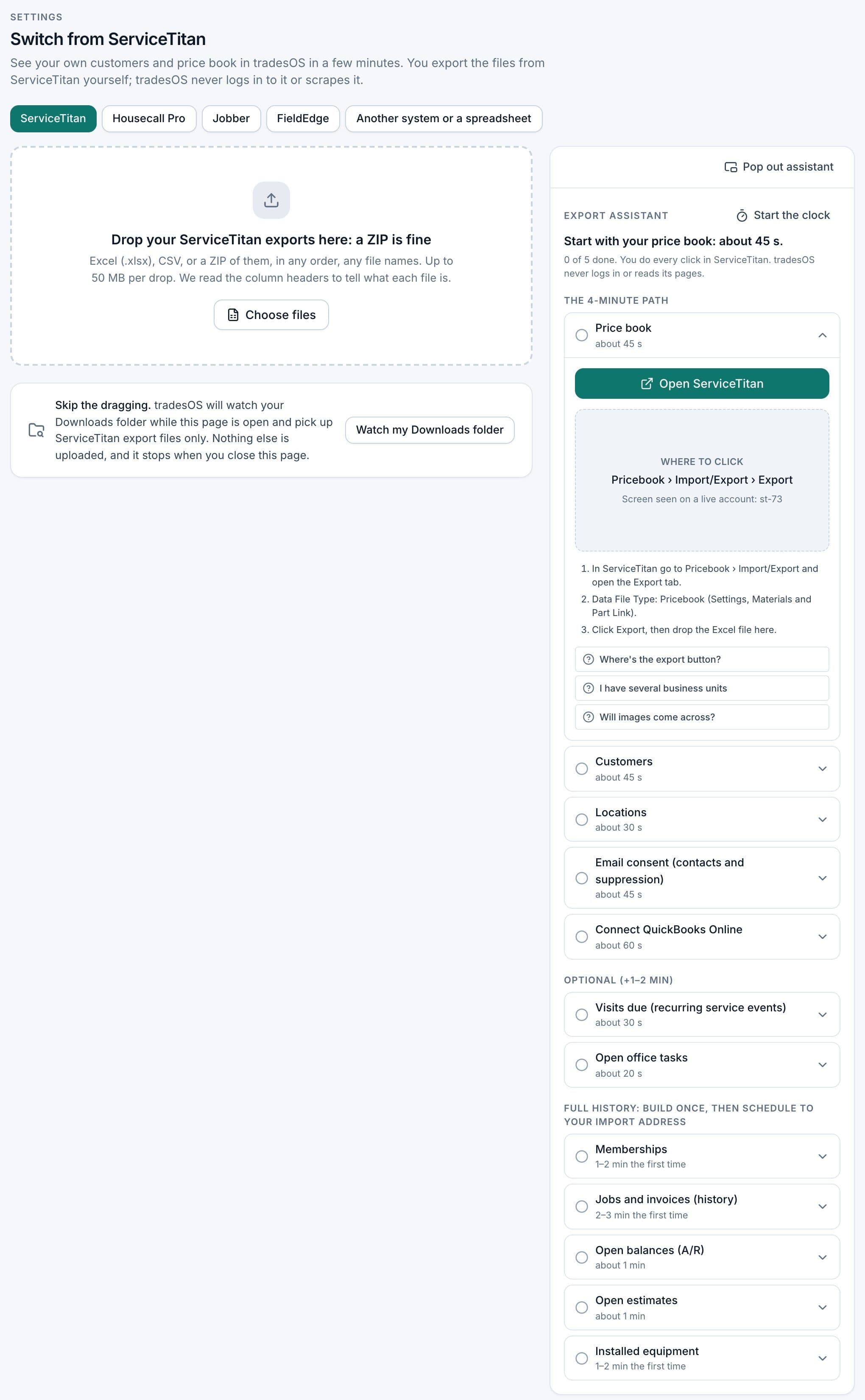 TradesWork importer with ServiceTitan selected