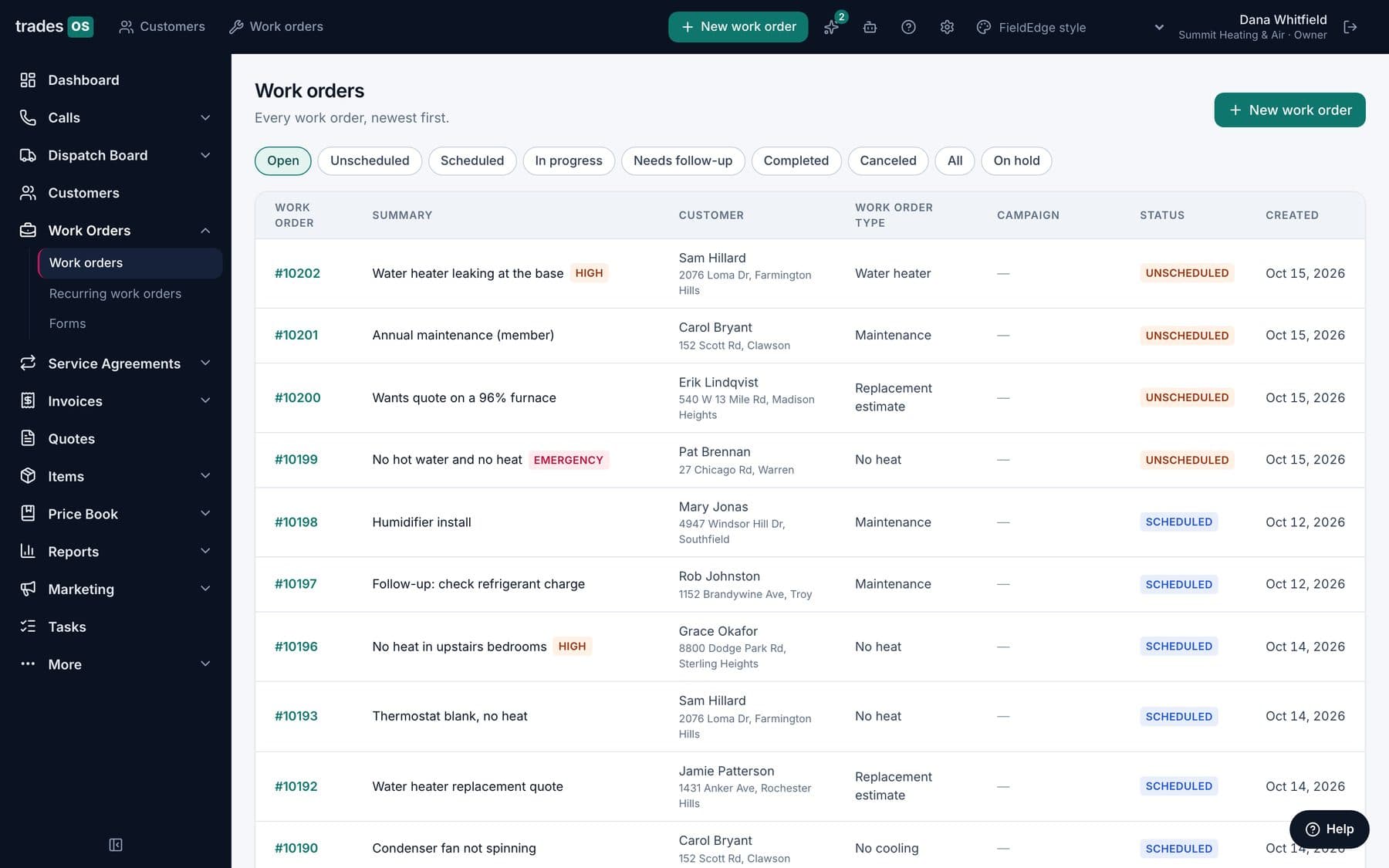 TradesWork job list in the FieldEdge style: same data, FieldEdge-style menus and words