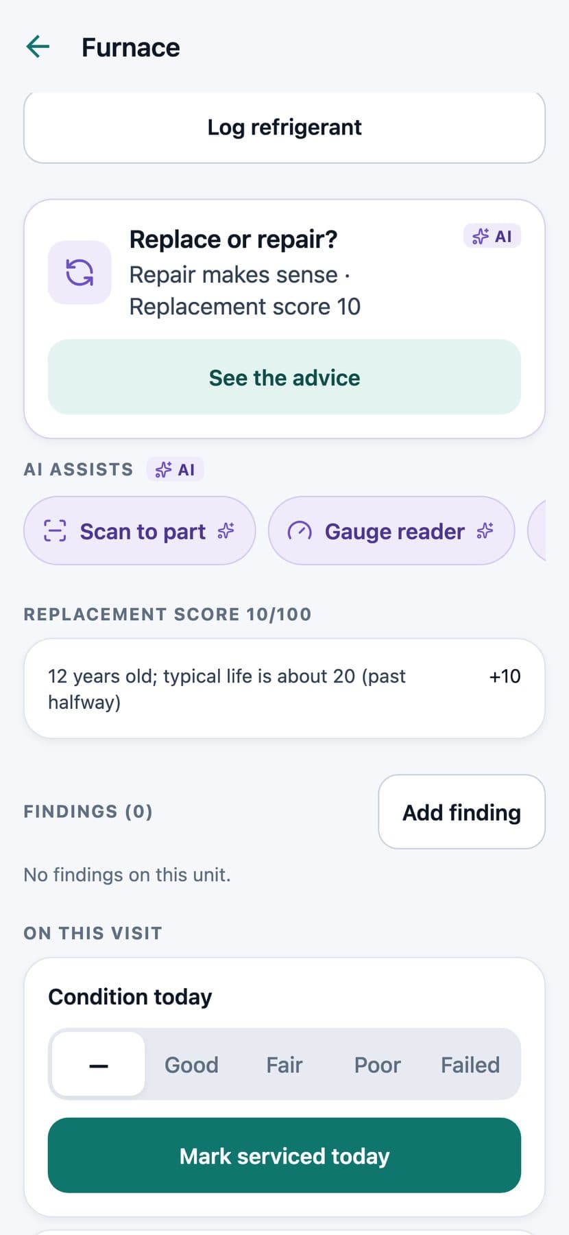 Equipment record on iPhone with a Replace or repair card and an AI assists row